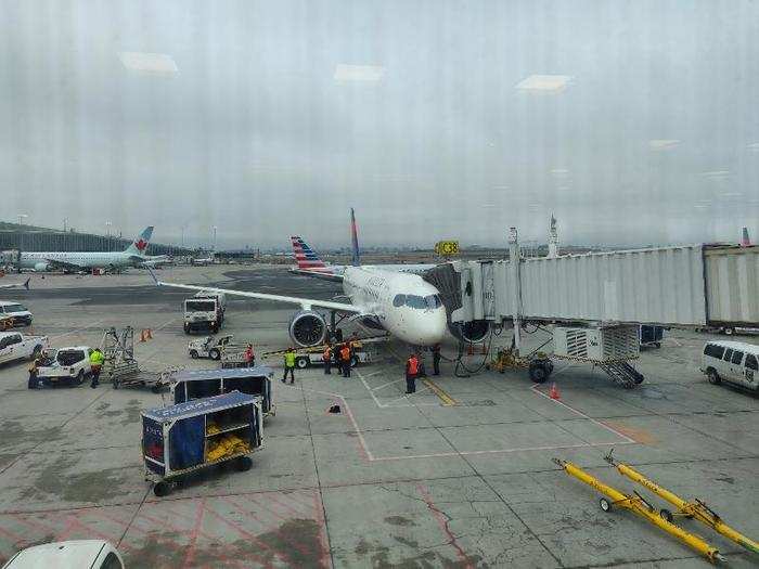 At the gate, I look back at the Delta Airbus A220.