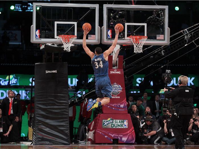 JaVale McGee upped the ante in 2011, dunking on two different hoops at the same time.