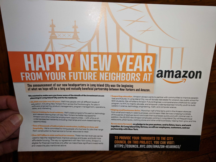 Amazon began mailing New Yorkers ads touting the benefits of HQ2.