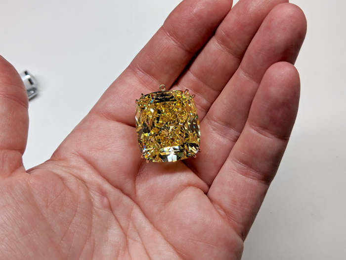 Before we left, Baharyan let me hold this gigantic jewel: An 80 carat vivid yellow diamond worth about $10 million. This one was not for Ring Concierge, but I had to get a picture of it anyway. It was definitely the first time I had $10 million held in one hand — and probably the last.