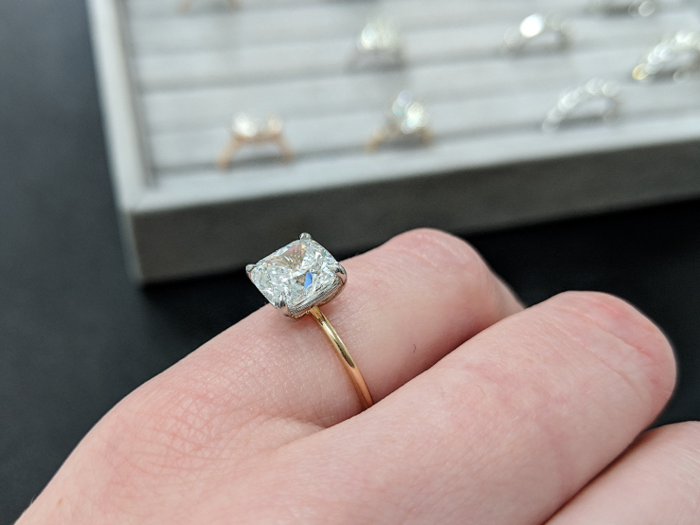 The ultra-thin band and prongs "make it look like the diamond is floating on your hand," Wegman said. This particular ring only fit on my pinky finger, but I liked how the minimalist design looked on my hand. Despite its delicate appearance, Wegman said it
