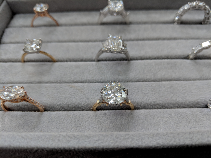 She set out an array of rings for me to look at and try on, ranging from $12,000 to $80,000. Wegman told me Ring Concierge