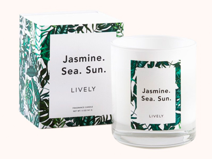 Jasmine. Sea. Sun. Candle from LIVELY: 5 oz. and 35 hour burn time, with notes of Jasmine Sambac, sea salt, crisp pear, and sandalwood