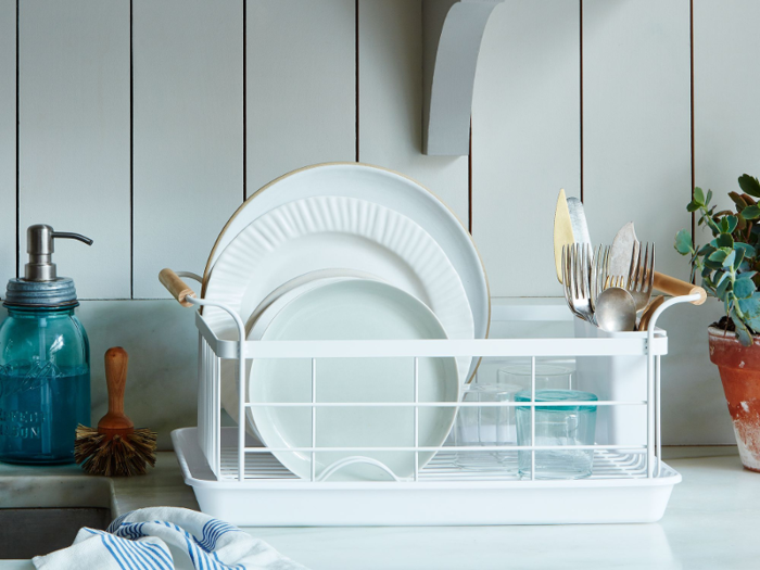 A well-built dish rack with wood handles