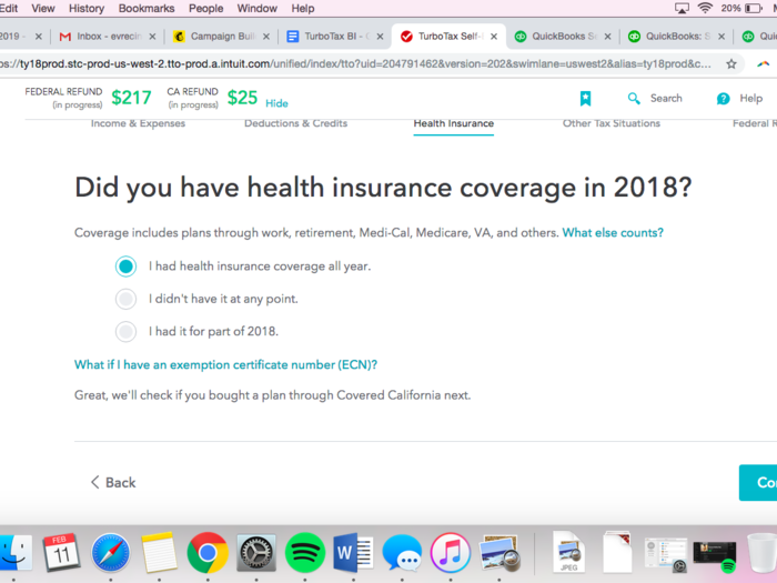 The next TurboTax section is for health insurance, a section where you can indicate your health insurance status for the year.