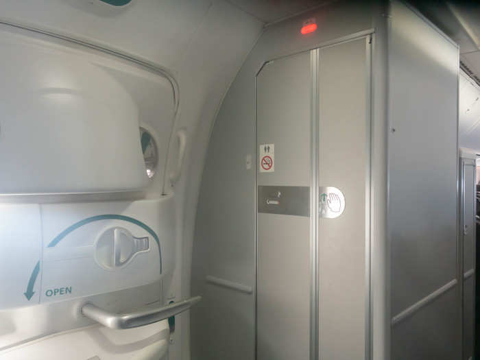 The plane has six lavatories in the economy cabin. It seems like a lot, but for 204 passengers, it