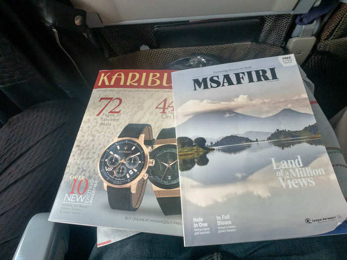 The seat comes with two magazines to peruse, Msafiri, Kenya Airways in-flight magazine, and Karibu, the duty-free catalog. I found the articles in MSafari to be very interesting. There were features on a lot of destinations I don