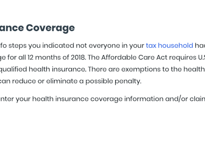 Next, TaxAct takes you to the taxes category so you can see what you might owe. It focuses on your health insurance coverage.