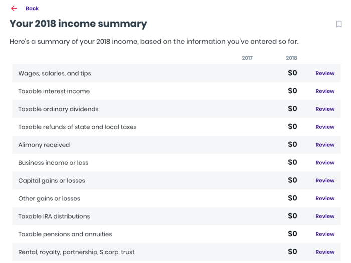 TaxAct then gives you a neat summary of all of your income before taking you to the deductions page.