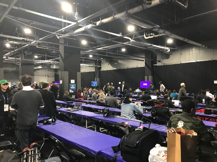 The media workroom was on the court level of the Spectrum Center and was pretty crowded.