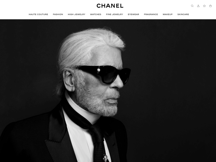 Unlike the website, which features a black and white portrait in honor of Lagerfeld ...