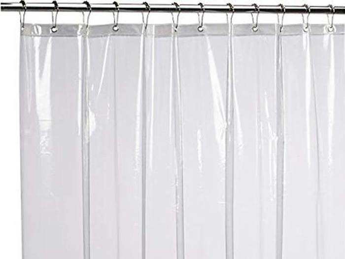 A mildew-resistant shower curtain liner.