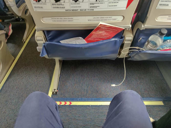 Economy seats have slightly less pitch than the 737-800 at 31 inches (and 38 inches in business). I lucked out and was placed in an exit row. Talk about legroom!