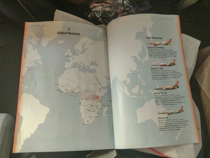 The book behind the seat back gives a rundown of Kenya Airways fleet. As of right now, the airline has 12 Boeing 737-800s, 3 Boeing 777-300s, 15 Embraer ERJ-190s, and, finally, 9 Boeing 787-8 Dreamliners.