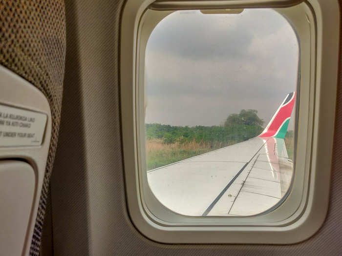 I was seated directly on the wing. It gave me a nice view of the Kenyan flag pattern on the wingtip. Despite the long security check, we took off pretty close to on time.