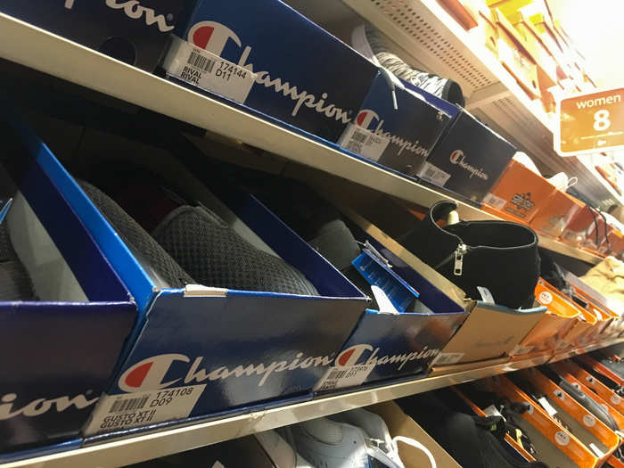 Champion sneakers and walking shoes were also prominent in the store.