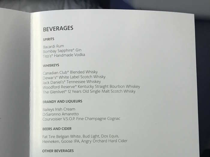 There were other drinks available to order throughout the flight, including spirits, liqueurs, beers, siders, soft drinks, and coffees and teas, though I noticed that instead of flight attendants regularly coming around to take orders, passengers had to push their service button or get up to ask for them, which was surprising.