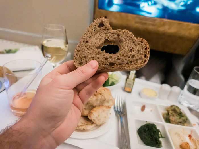 Flight attendants came around with a selection of fresh breads to go with dinner. I selected the brown bread, but was disappointed there was no sourdough.