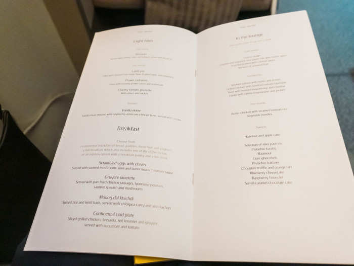 ... and the options for any time snacks and breakfast. The flight attendant came around and took orders for both meals at once. I ordered the last Gruyere omelet for breakfast.