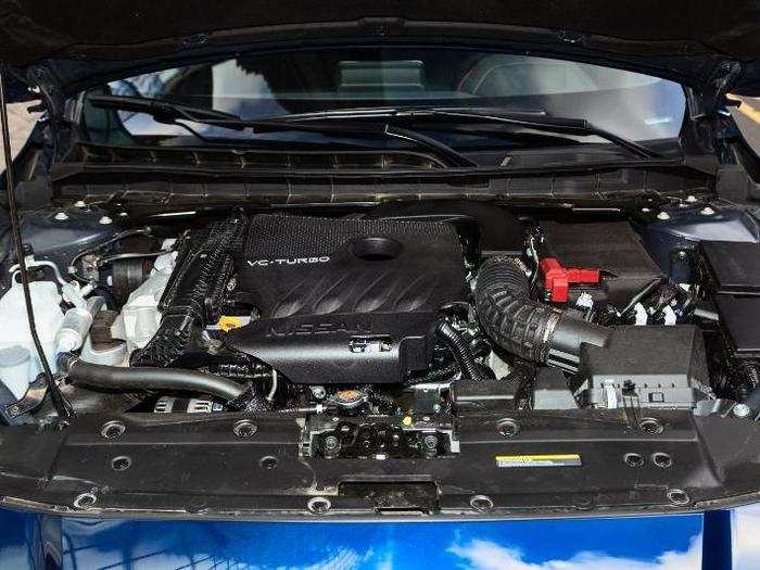 Our Altima test car came equipped with the optional 2.0-liter variable compression turbocharged, inline four-cylinder engine. It produces 248 horsepower with premium gasoline. Output falls to 236 horsepower when regular gasoline is used.