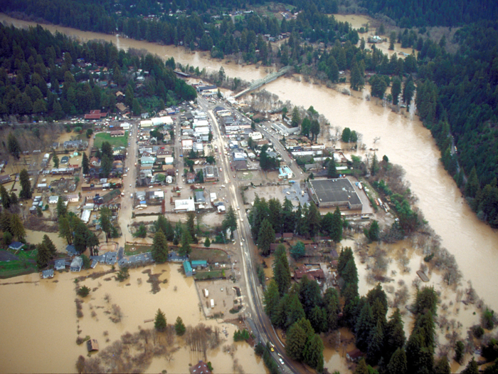 When torrential rains batter the heart of Sonoma County, the Russian River exceeds its normal height, overflowing into nearby Guerneville.