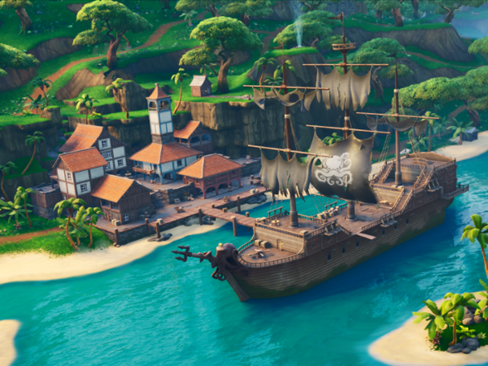 A huge pirate ship is docked in the Lazy Lagoon, one of Season 8