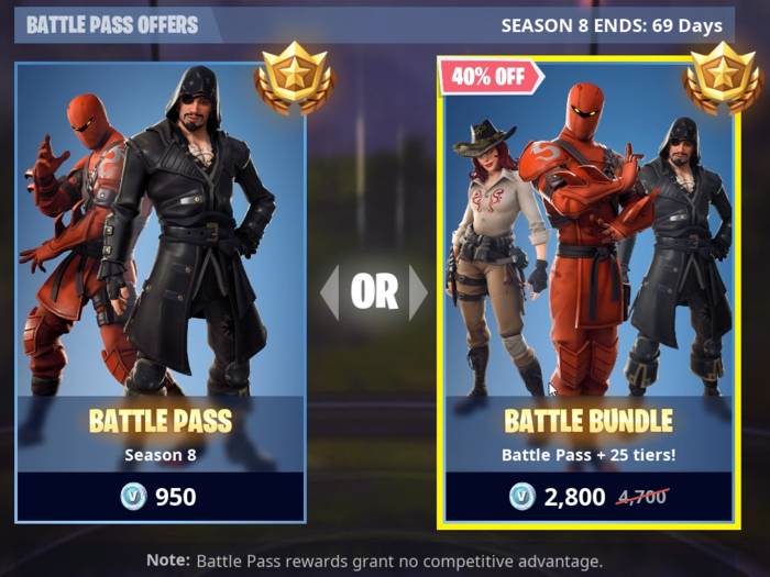 The Season 8 battle pass costs 950 vbucks, the in-game currency of "Fortnite." You can earn vbucks by playing the game, or pay $10 cash for 1,000 vbucks.