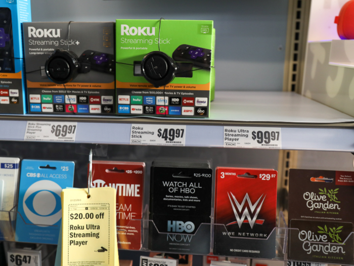 ... and Roku streaming products. The shelf had no Roku Ultra Streaming Players left, likely thanks to the stack of yellow coupons for $20 off the device.