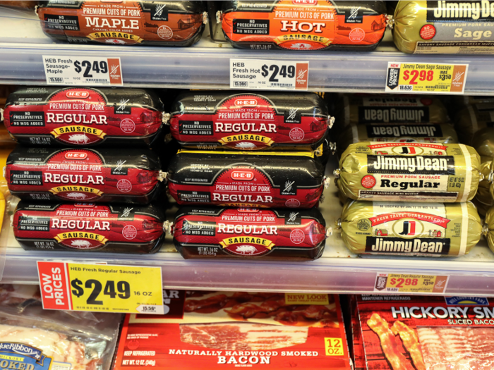 There are also packaged meats like Jimmy Dean sausage and a less expensive H-E-B equivalent.