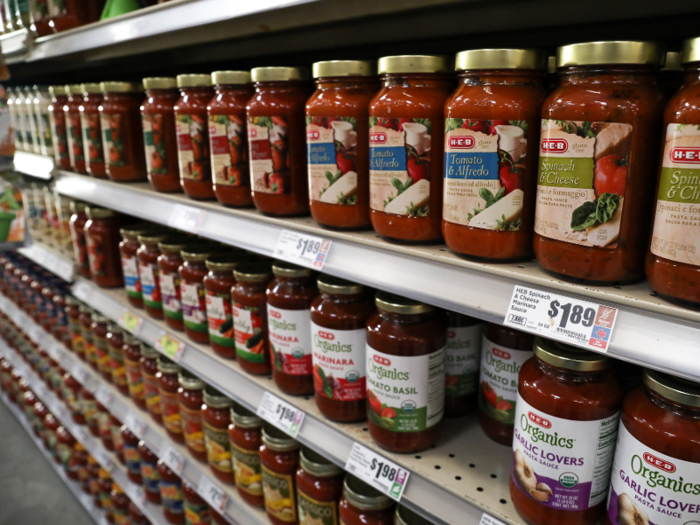 Whole ingredients are stocked, like rows and rows of pasta sauce ...