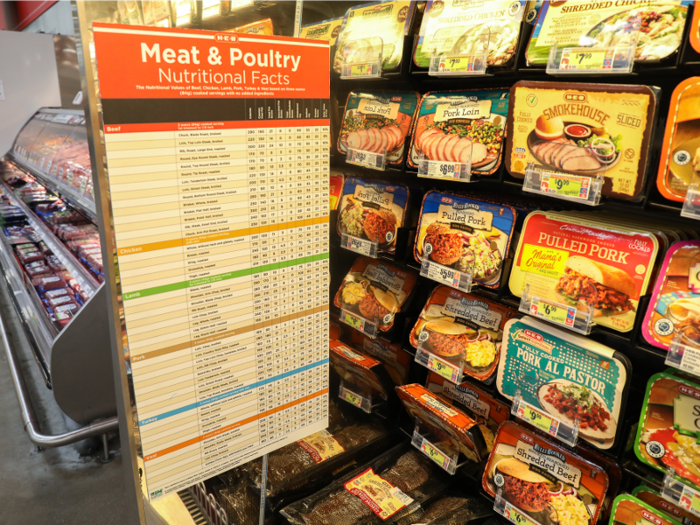 A whole section in this H-E-B store is dedicated to fully cooked entrees, like seasoned pulled pork for $5.99 or shredded beef with BBQ sauce for $6.99.