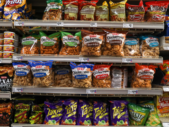 The snack aisle is equally varied, with tasty choices like Takis and H-E-B Chicharrones, or pork rinds.