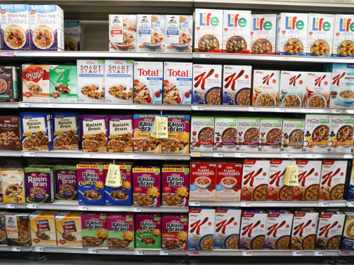 The cereal aisle boasts products from brands like Kellogg