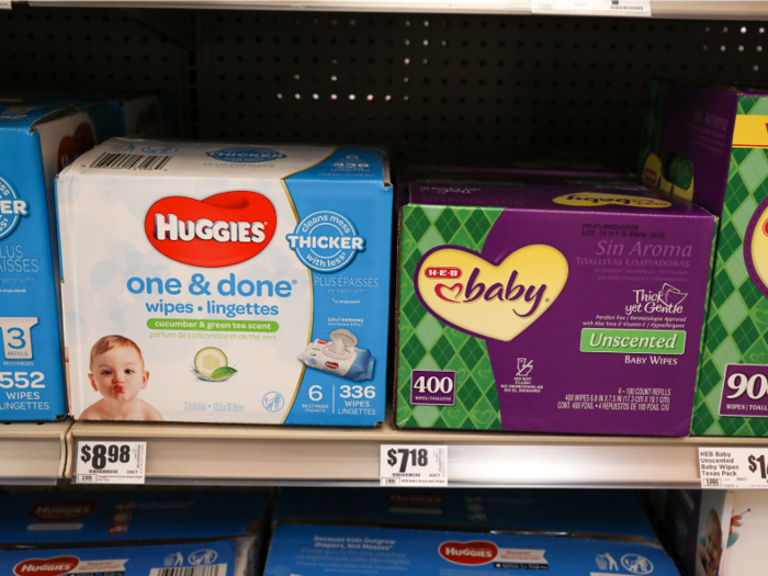 You can grab a 336-count Huggies pack of baby wipes for $8.98, versus a 400-count H-E-B package for $7.18.