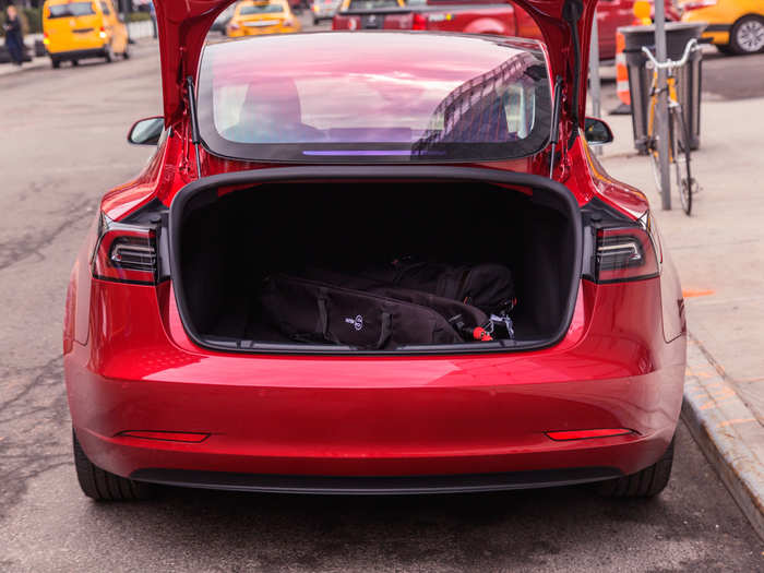 The Model 3 offers much less cargo space than the Model S — just 15 cubic feet between the trunk and frunk. But that