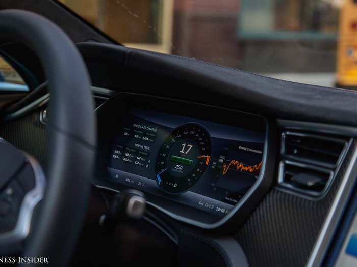 The Model S has a traditional, albeit digital, instrument cluster for the driver. The steering wheel is heated, and the front seats are heated and cooled.