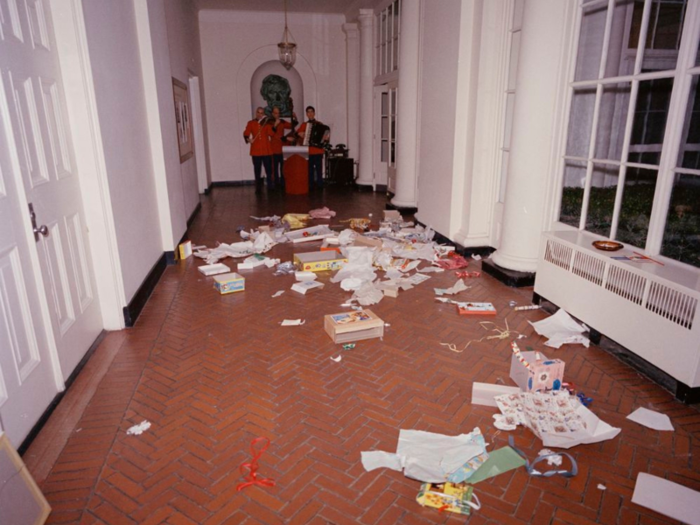 The United States Marine Band were also at the party, and ended up near the discarded gifts and wrapping paper after the presents had been opened.