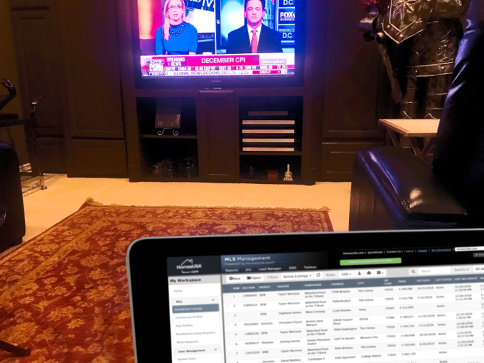 At 5:30, he watches the news in his media room while checking his email and the HomesUSA.com platform.