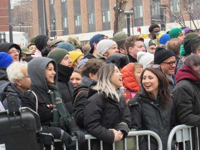 People danced and huddled together to keep warm.