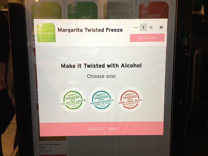 For my drink, I went with a Margarita Freeze, made "Twisted" with La Quiere agave wine. The other options for the alcoholic mix-in were Petrov Reserve fermented vodka and Ron Copa Rica fermented rum.