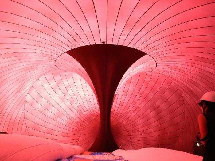 Inside the Ark Nova is a 500-seat performance venue made of stretchy plastic.