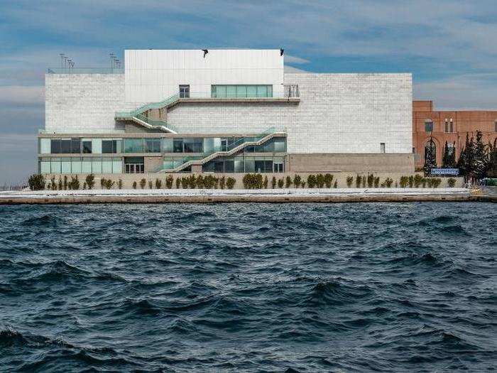 The Thessaloniki Concert Hall borders the Aegean Sea in Greece.