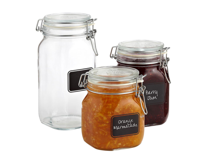 A set of glass jars with labels