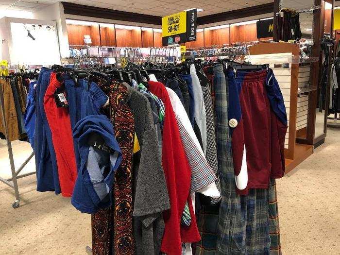 Some racks were stuffed with mismatched items, like athletic shorts and sleepwear.