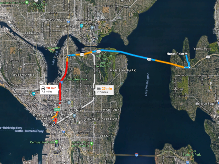 Hunts Point is about a 20-minute drive from downtown Seattle.