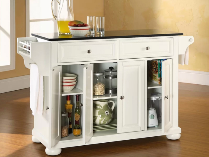 A rolling kitchen island