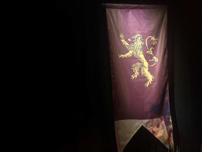 The cathedral is adorned by the flags of the various houses — the Starks, the Lannisters, the Targaryens and the Baratheons.