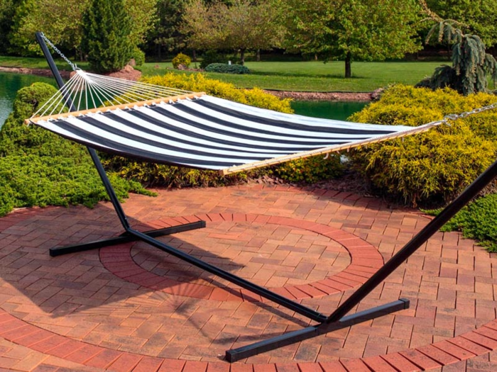 A sturdy two-person quilted hammock