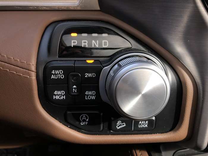 The RAM has no shifter. Instead, you have to use a space-saving knob, where you also control the 4WD setup. The RAM 1500 has an eight-speed automatic transmission.