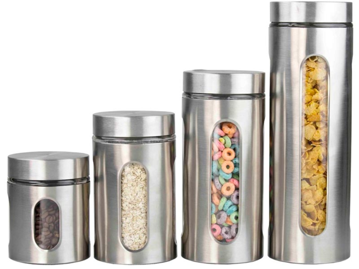 Canisters for dry goods like cereal and baking supplies